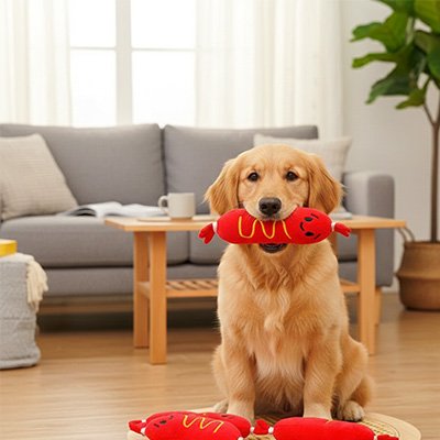 chiot golden retriever joue avec Peluche chien sur sol bois