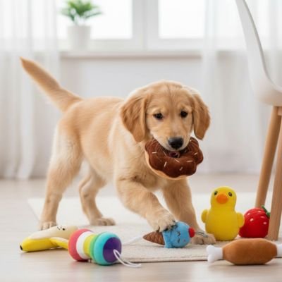 chiot golden retriever joue avec Peluche Chien sur sol