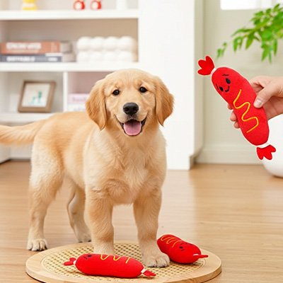 chiot golden retriever joue avec Peluche chien sur sol 