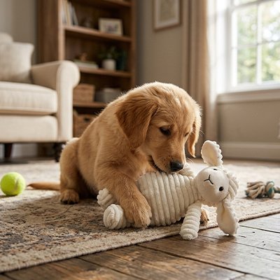 chiot golden retriever joue avec Peluche pour chien sur moquette