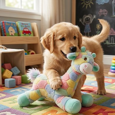 chiot golden retriever joue avec Peluche pour chien sur moquette