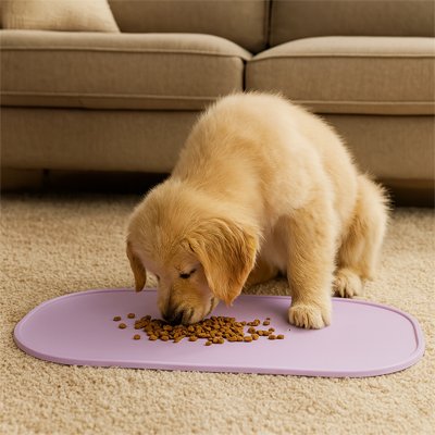 chiot golden retriever mange dans son bol qui est surTapis gamelle Chien lavande