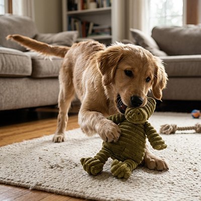 chiot golden retriever mordille Peluche chien sur la moquette
