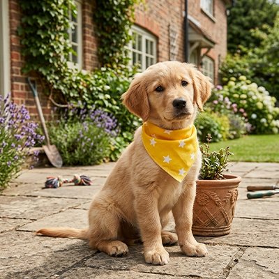 chiot golden retriever portant Bandana pour Chien assis sur pavé
