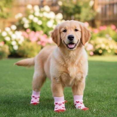 chiot golden retriever portant Chaussette chien est debout sur pelouse