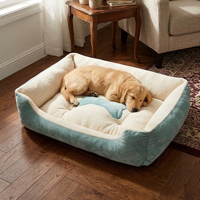 chiot golden retriver dort dans Panier Chien au sol