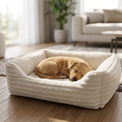chiot labrador dort dans Panier Chien blanc