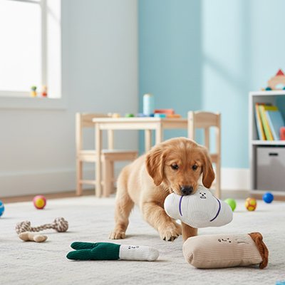 chiot labrador joue avec Peluche pour chien sur moquette