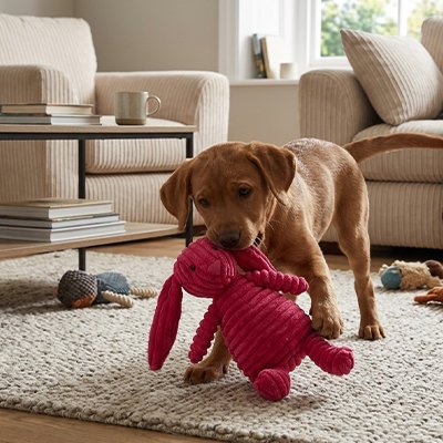 chiot labrador mordille Peluche chien sur la moquette