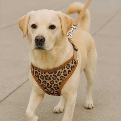 chiot labrador portant Harnais petit Chien brun est debout sur pave