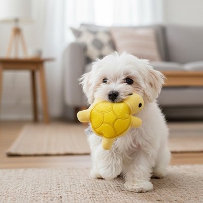 chiot pomeranien tient Jouet pour chien​ dans gueule