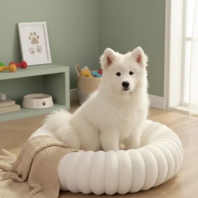 chiot samoyède dans Panier à Chien blanc