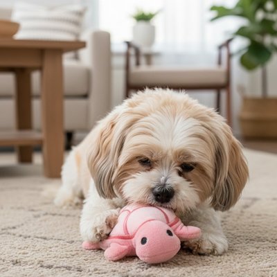 chiot shitzu tient Jouet pour chien​ dans gueule