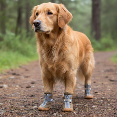 golden retriever ortant chaussure chien beige sur sentier en forêt