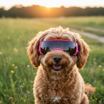 cockapoo brun porte Lunette pour chien dans pré