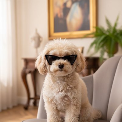 cockapoo porte Lunette de soleil chien assis sur canapé gris