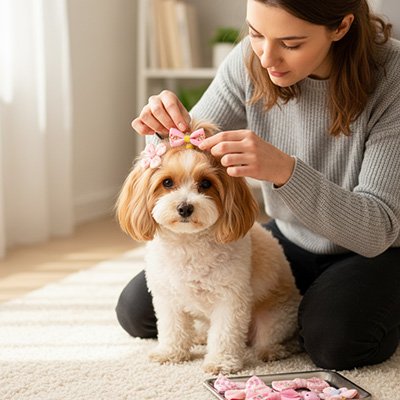 cockapoo porte noeud papillon pour chien avec jeune fille
