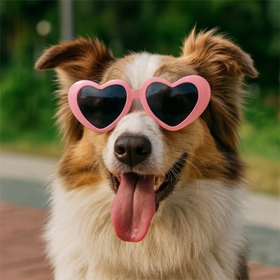 collie porte Lunettes pour chien rose dans parc