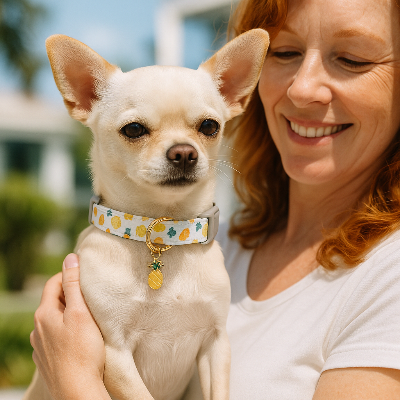 chihuahua portant collier chien est dans les bras de dame aux cheveux roux