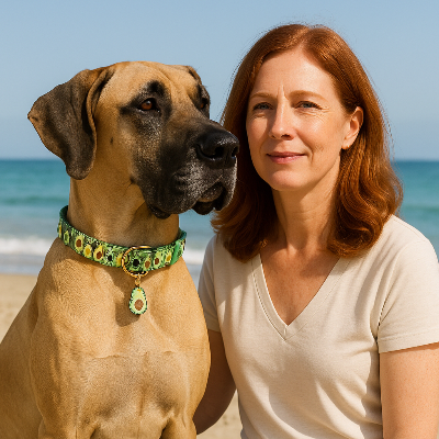 grand danois portant collier chien est avec dame sur la plage