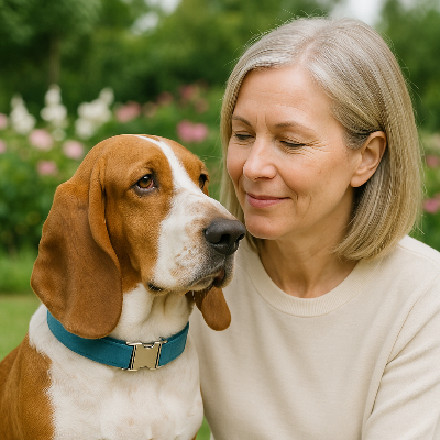 basset portant collier chien avec dame vetue de blanc dans jardin