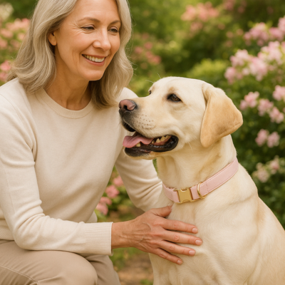 labrador blond portant collier chien est avec dame vetue de blanc dans jardin