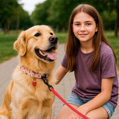 golden retriever portant collier chien accompagne une fillette aux cheveux bruns sur un sentier pedestre