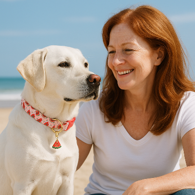 labrador blanc portant collier chien est avec dame rousse sur plage