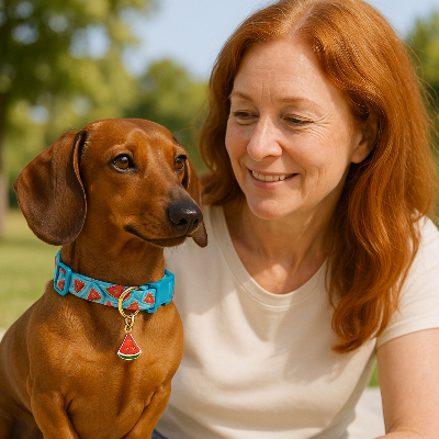 teckel portant collier chien est avec dame rousse dans un parc