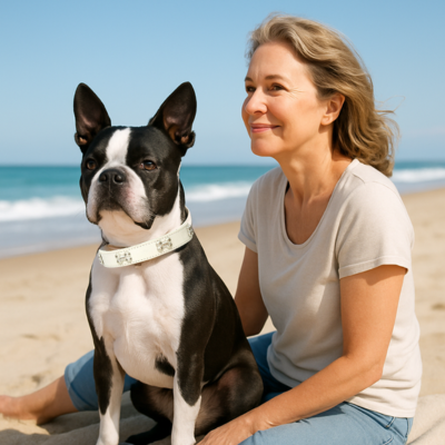 terrier boston portant collier chien est assis avec dame sur plage