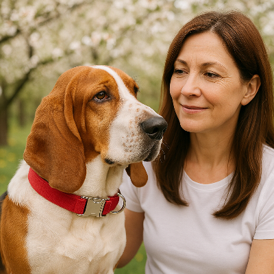 basset portant collier chien avec dame vetue de blanc dans jardin