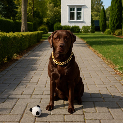labrador brun portant collier pour chien est assis sur sol en avant de maison