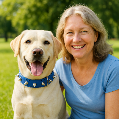 labrador blond portant collier pour chien est assis a cote de femme vetue de bleu dans un pre