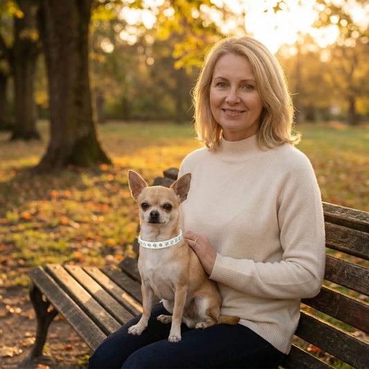 chihuahua portant collier pour chien en strass est assis sur dame sur banc de parc