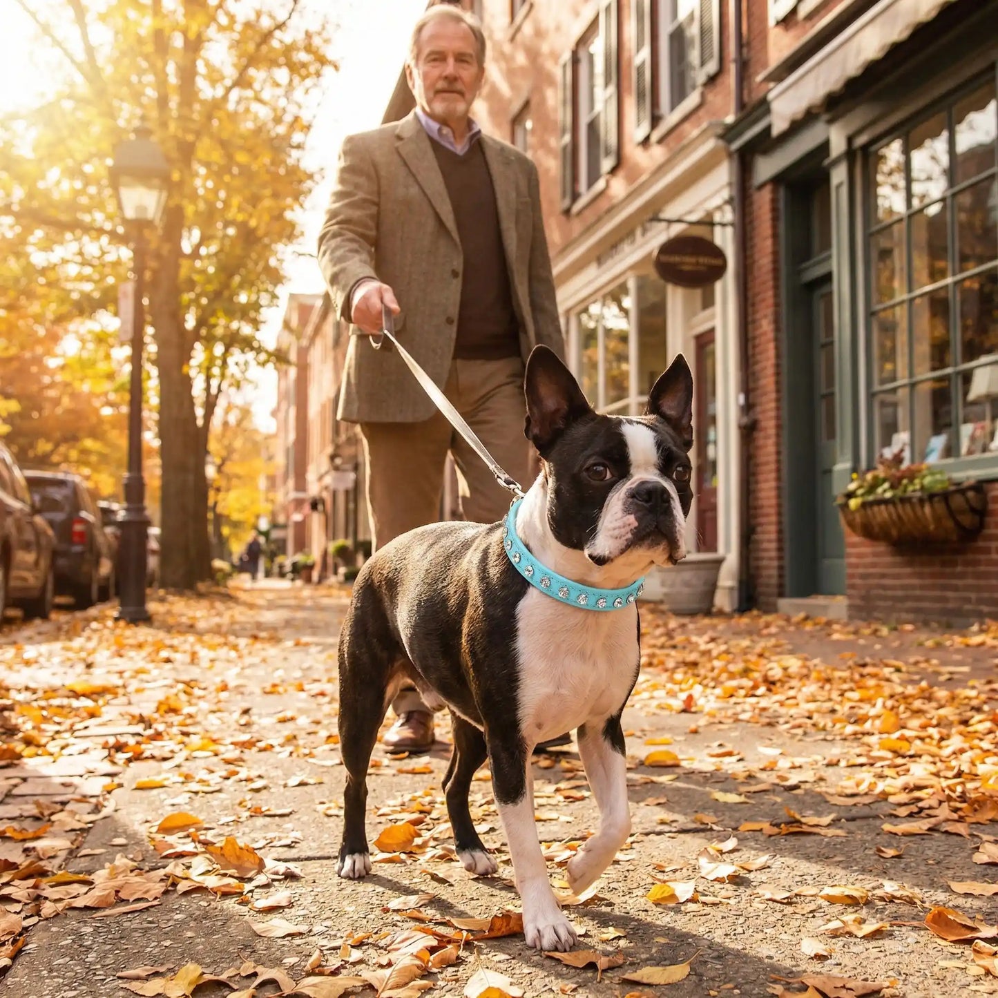 terrier boston portant collier pour chien en strass marche sur trottoir avec homme agé en automne