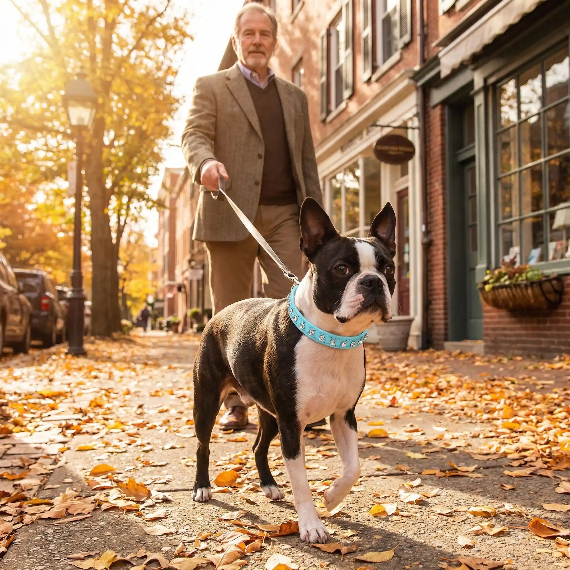 terrier boston portant collier pour chien en strass marche sur trottoir avec homme agé en automne