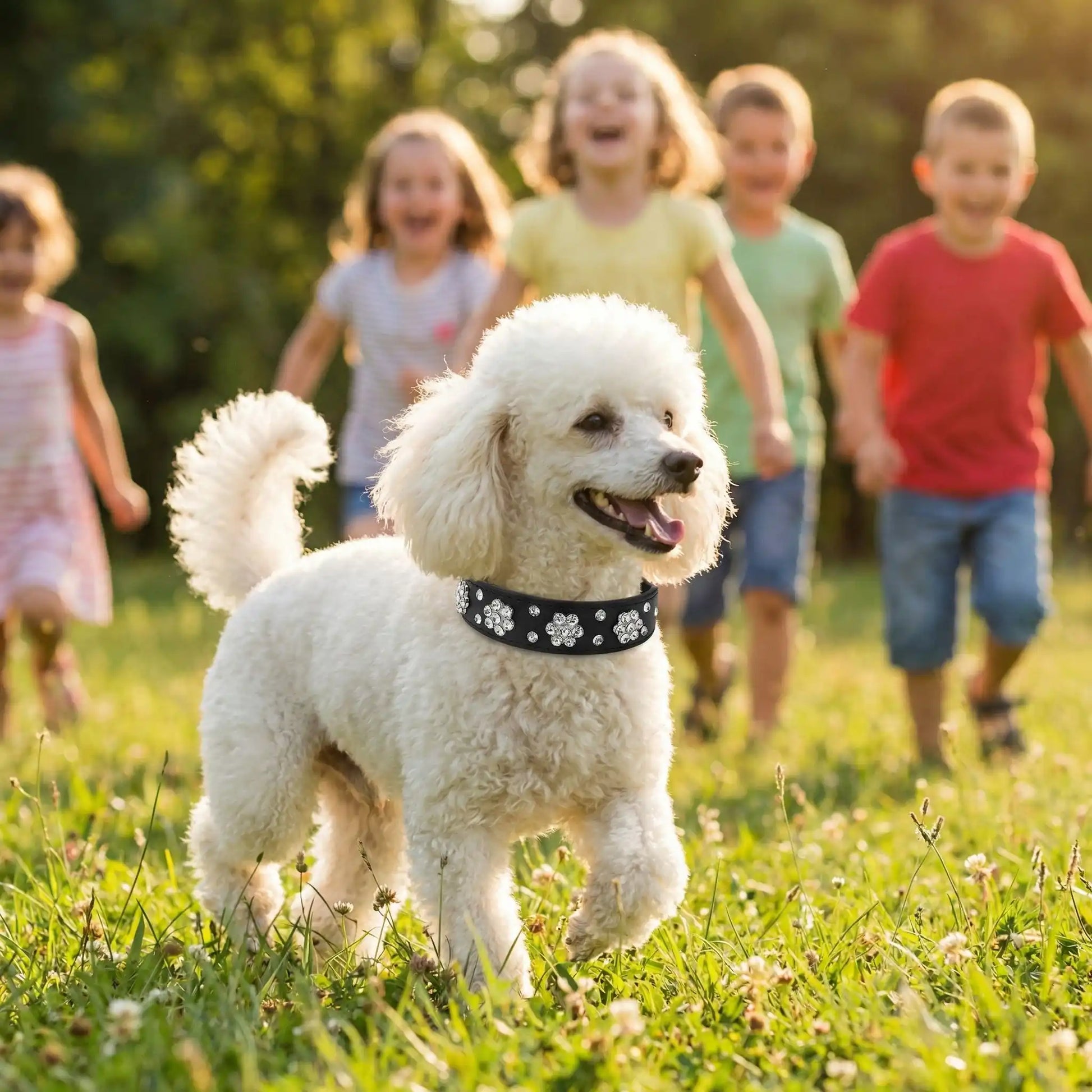 caniche blanc portant collier pour chien en strass cours avec des enfants dans arc