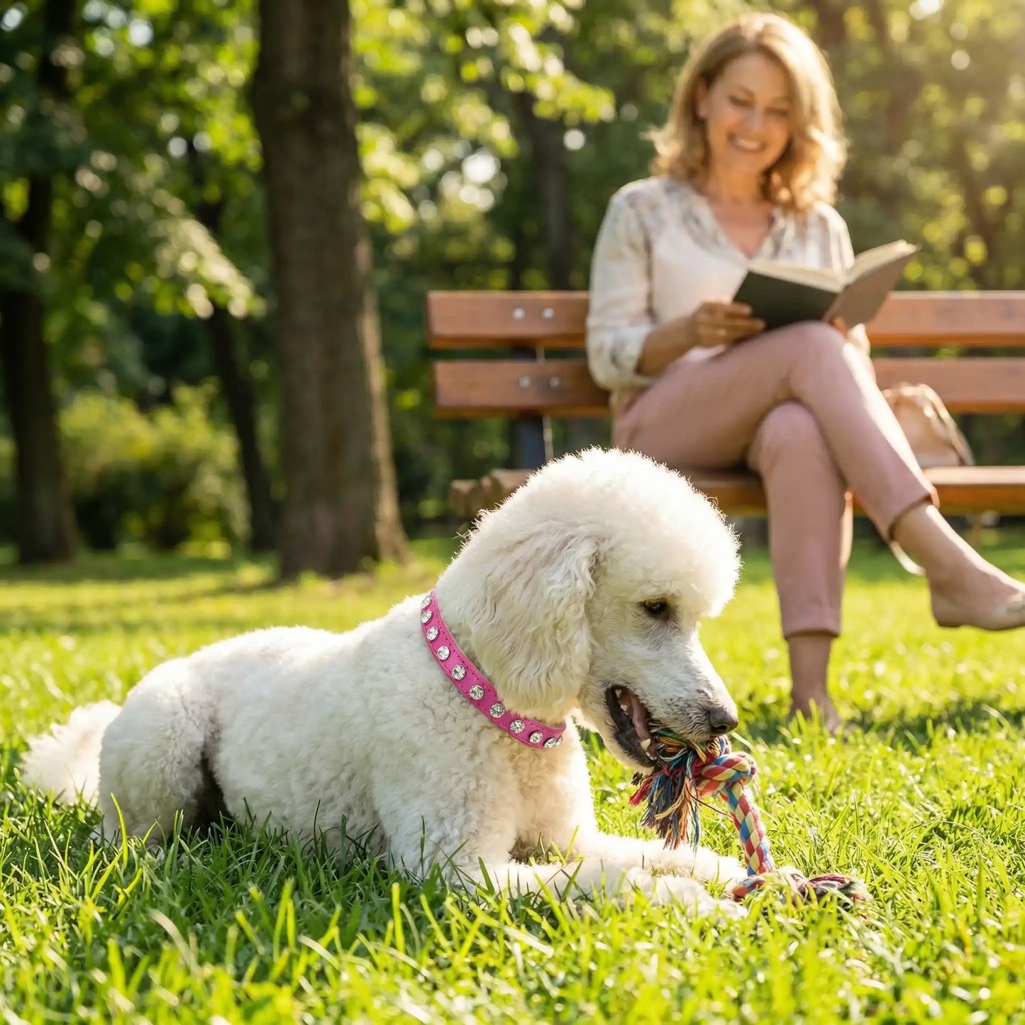caniche géant portant collier pour chien en strass rose sur pelouse joue avec jouet de corde
