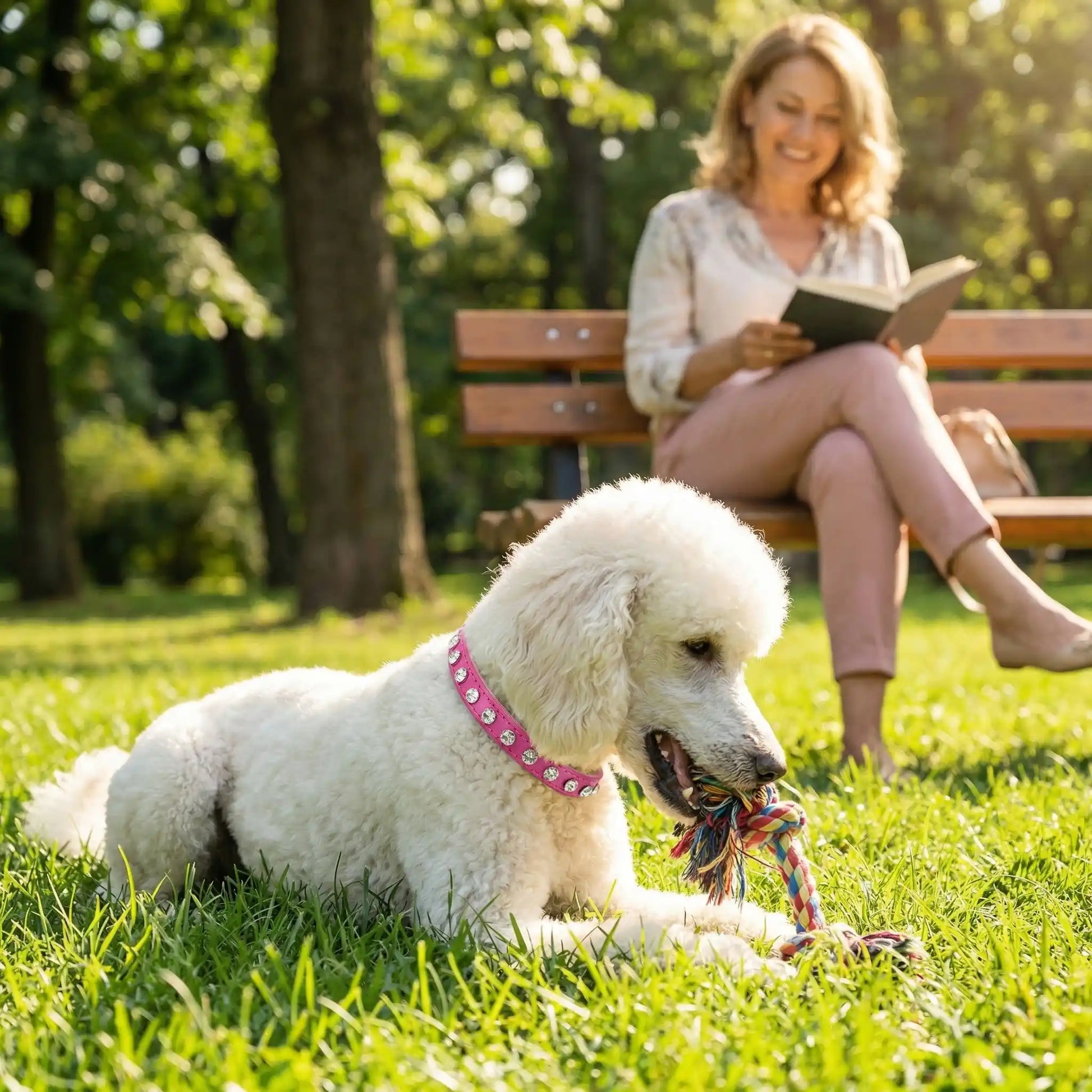 caniche géant portant collier pour chien en strass rose sur pelouse joue avec jouet de corde