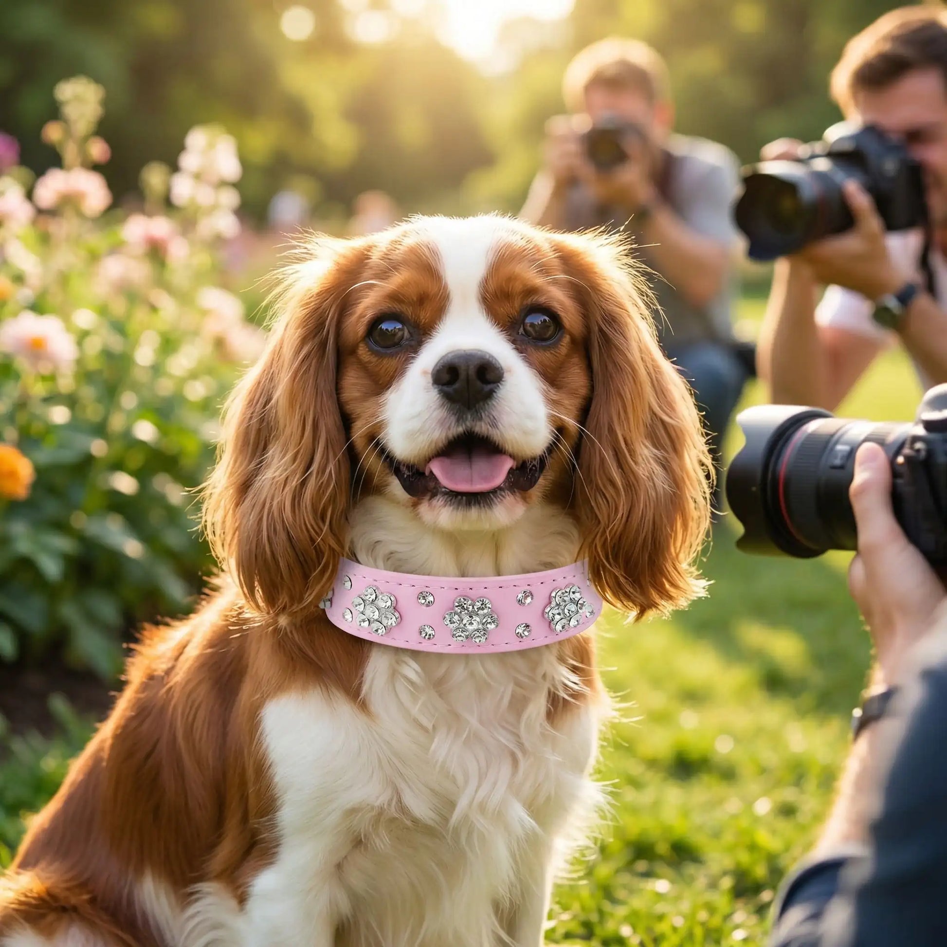 cavalier king charles portant collier pour chien en strass pose pour des photographes