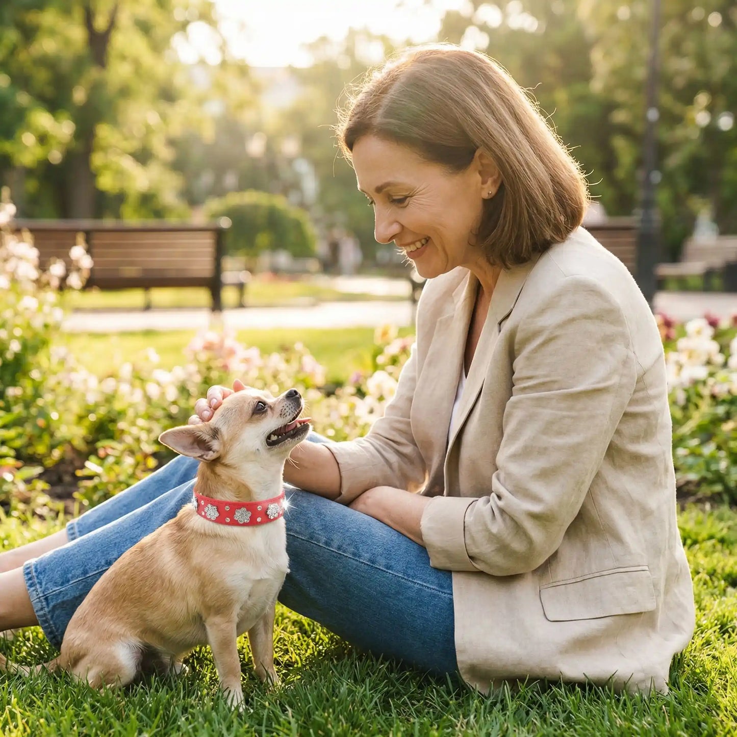 chihuahua portant collier pour chien en strass rouge est assis sur pelouse de parc avec dame