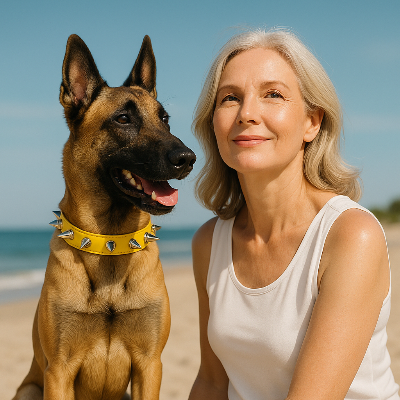 malinois portant collier pour chien est assis pres de femme plus agee sur la plage