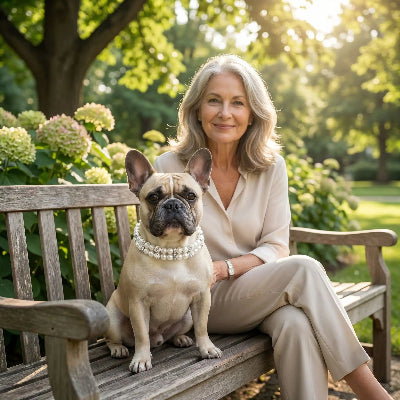 frenchie portant collier pour chien strass est assis sur banc de parc avec dame