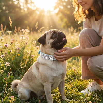 carlin portant collier pour chien strass est assis sur pelouse avec maitresse dans champs fleuri et ensoleillé