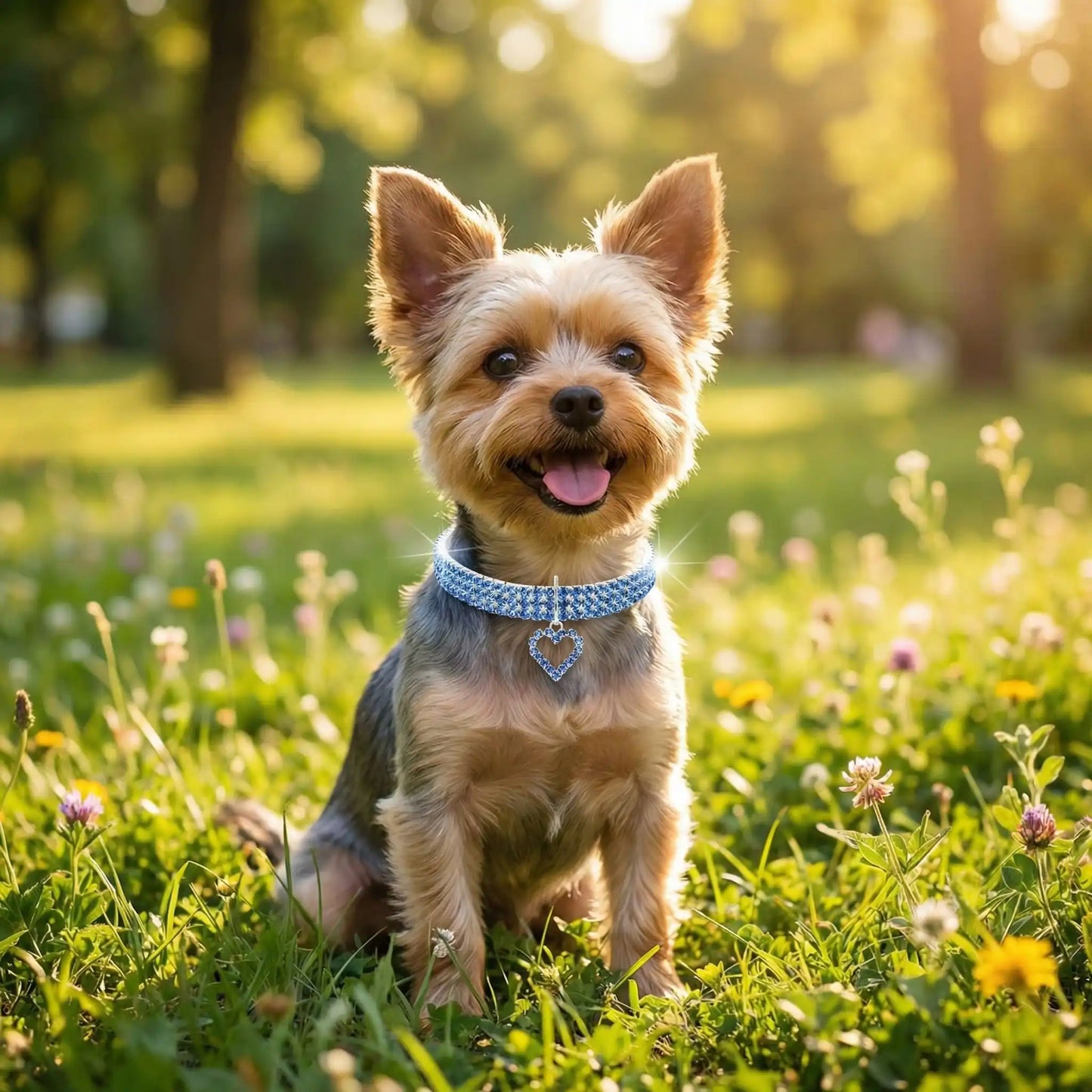 yorky portant collier pour chien strass est assis sur pelouse dans chams fleuri