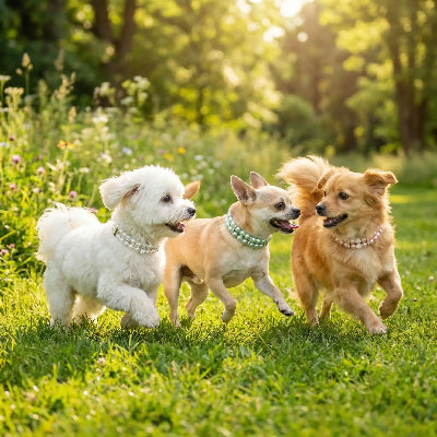 3 chiens portant collier pour chien strass CristalPattes jouent ensemble dans un parc