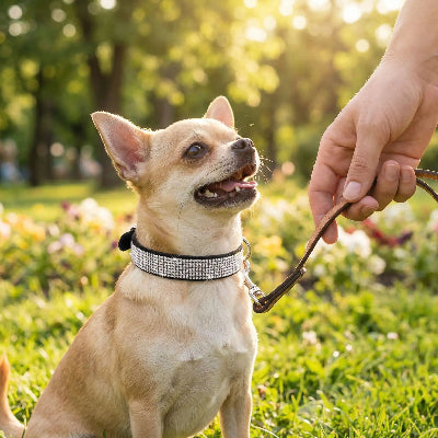 chihuahua portant collier pour chien strass est assis sur pelouse avec maitre dans champs fleuri et ensoleillé