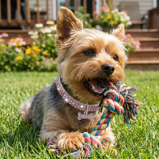 yorkie portant collier pour chien strass joue avec jouet de corde sur pelouse de maison
