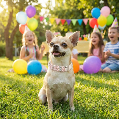 chihuahua portant collier pour chien pose pour caméra à fête enfants