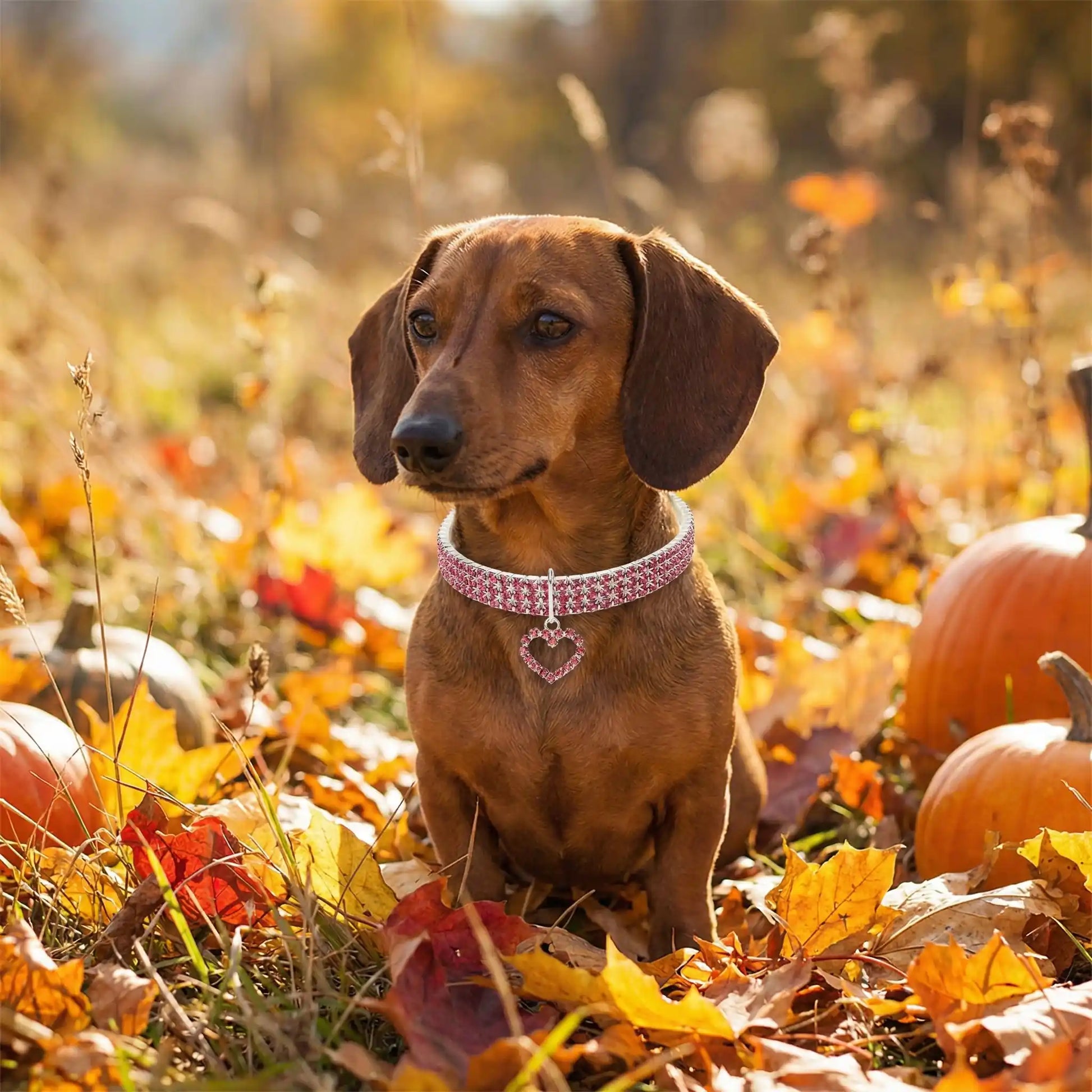 teckel portant collier pour chien strass rose est assis dans champs en automne